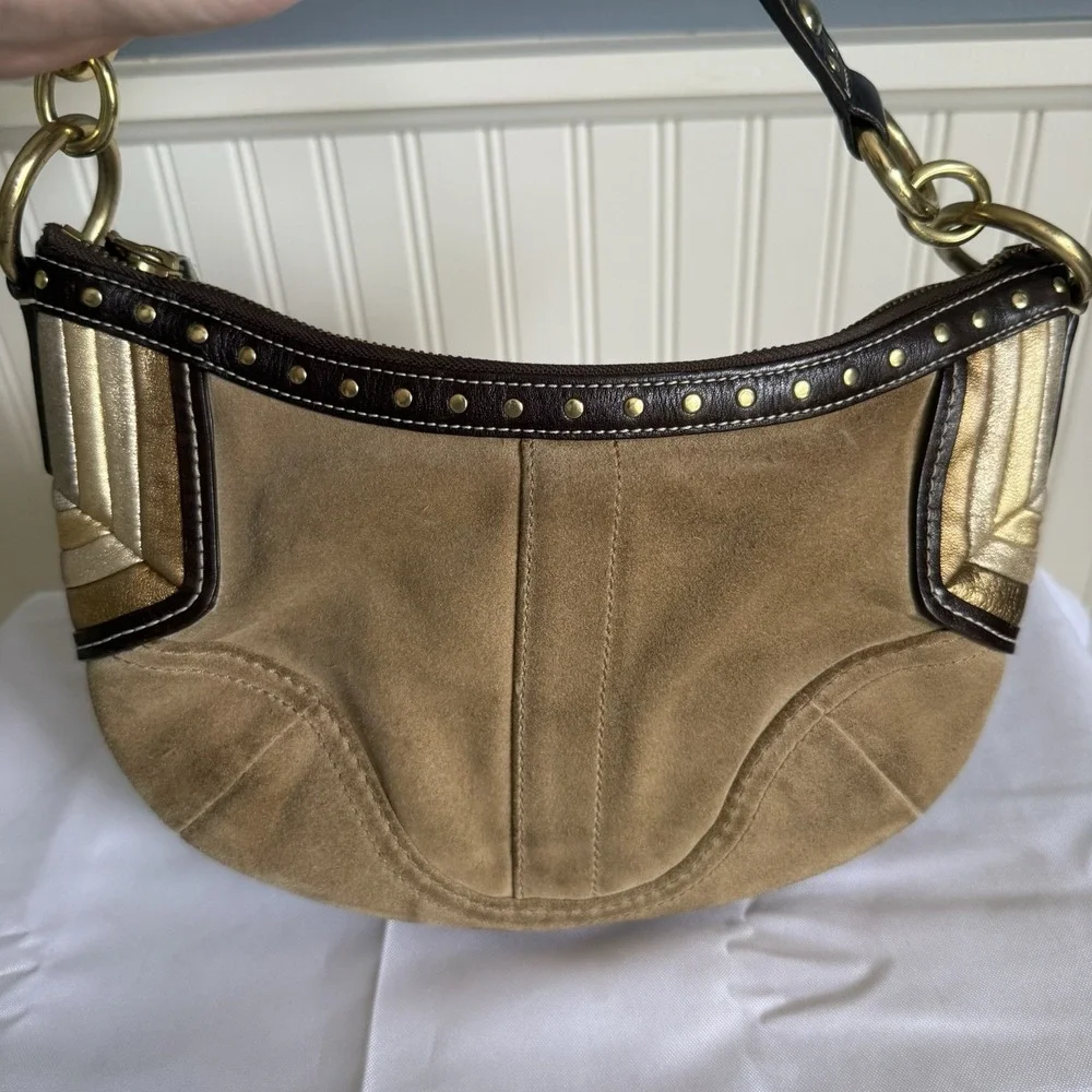 Vintage Coach Brown Tan Suede Small Hobo Shoulder Bag Purse Metallic Accents